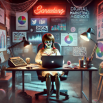 Annabelle, la muñeca poseída, trabajando en una agencia de marketing digital con un ambiente sombrío pero divertido