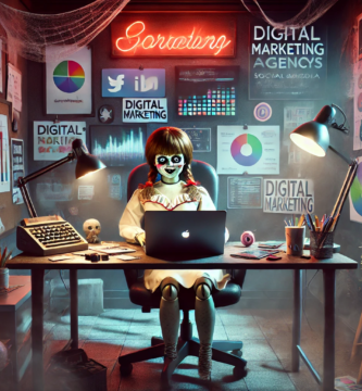 Annabelle, la muñeca poseída, trabajando en una agencia de marketing digital con un ambiente sombrío pero divertido