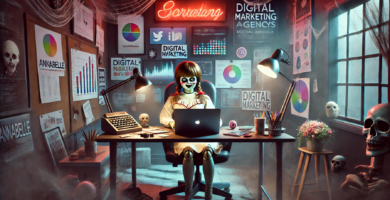 Annabelle, la muñeca poseída, trabajando en una agencia de marketing digital con un ambiente sombrío pero divertido