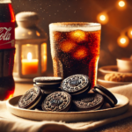 Primer plano de galletas Oreo y Coca-Cola en ambiente cálido y acogedor con iluminación suave.