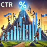 Personas escalando una montaña en forma de gráfico CTR, simbolizando trabajo en equipo y mejora en marketing digital