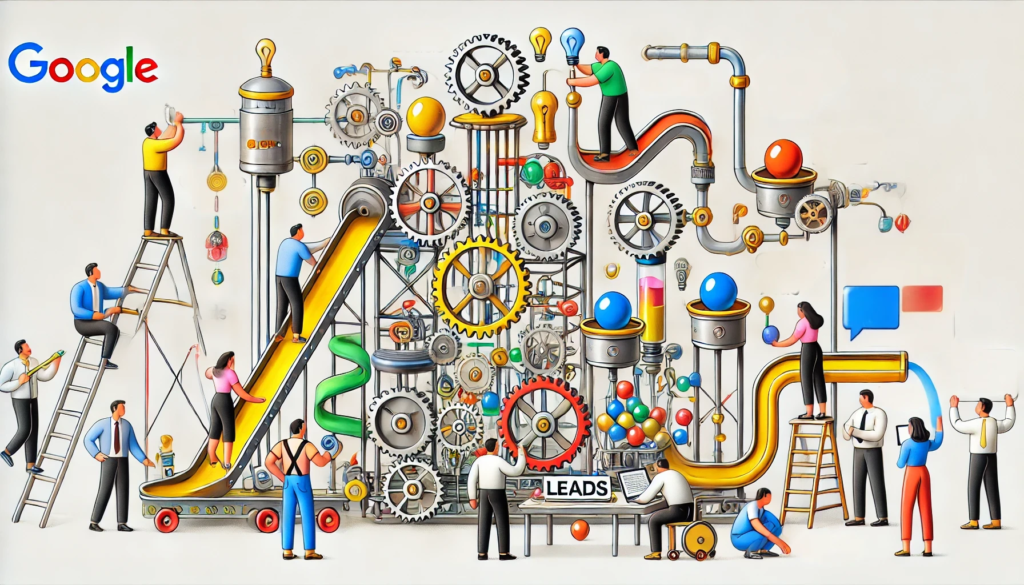 Equipo colaborando en una máquina estilo Rube Goldberg, sin textos, con fondo blanco y colores brillantes