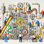 Equipo colaborando en una máquina estilo Rube Goldberg, sin textos, con fondo blanco y colores brillantes