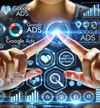 Manos manipulando una pantalla holográfica futurista con iconos de Google Ads y métricas de campaña