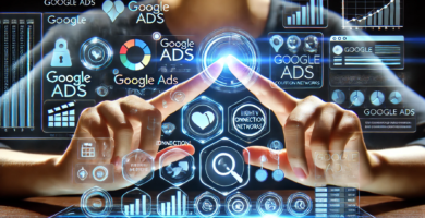 Manos manipulando una pantalla holográfica futurista con iconos de Google Ads y métricas de campaña