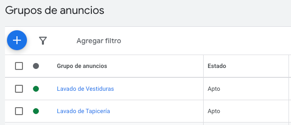 Captura de pantalla de 2 Grupos de Anuncios en Google Ads